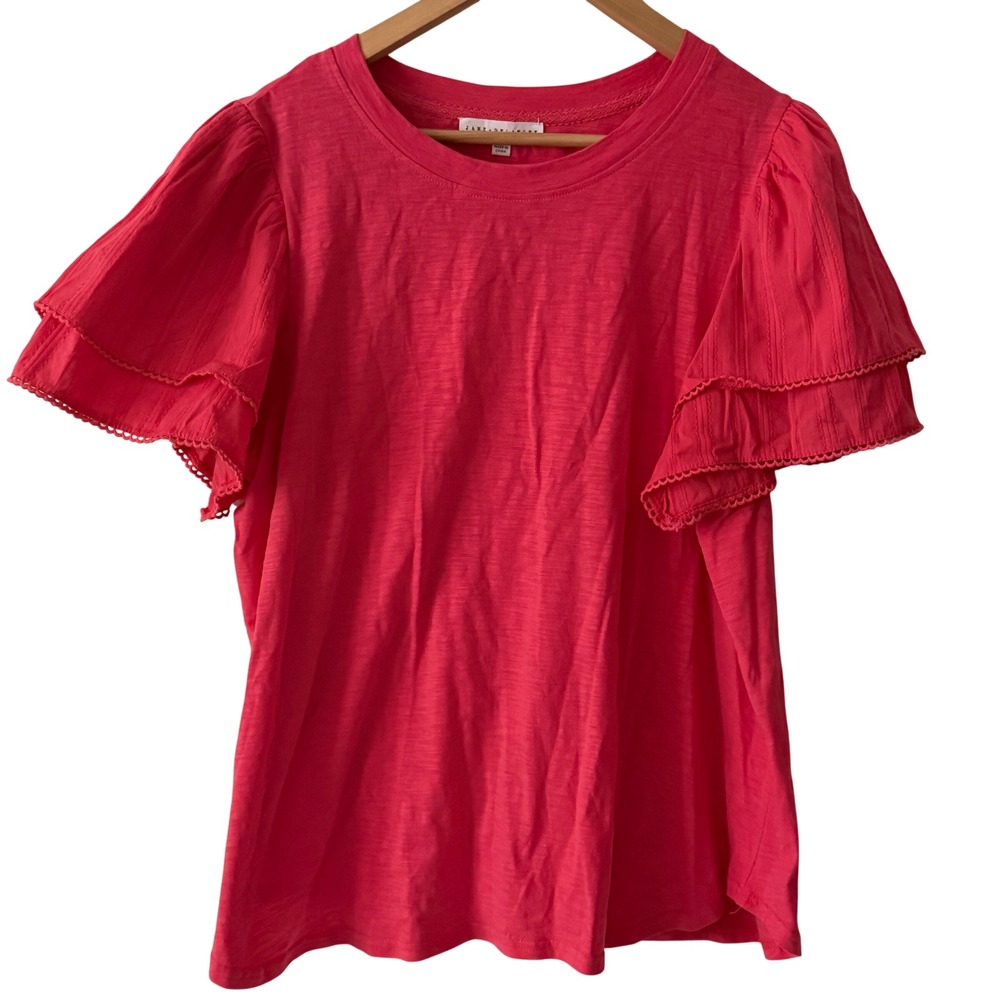 Jane + Delancey Flutter Sleeve Top Womens 1X Pink Excellent Eyelet Tiered Slub
